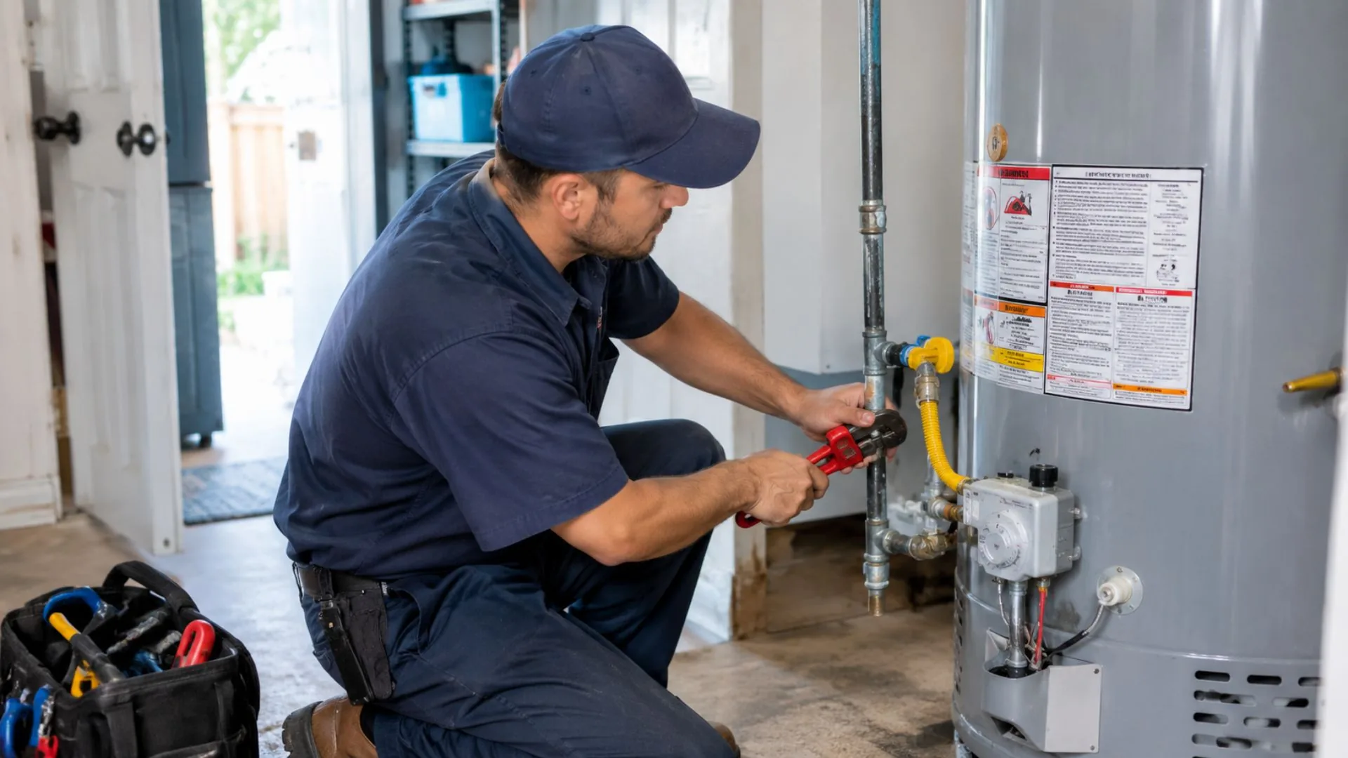 Licensed emergency plumber repairing a water heater in a Pasadena, TX home